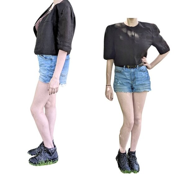 Rare Vtg 80s EMPORIO ARMANI Linen-Blend Black Cropped Jacket Size IT 46/ US 10 - Picture 3 of 12